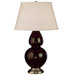 Double Gourd Table Lamp in Chocolate Glazed Ceramic with Antique Silver Base & Pearl Dupioni Fabric Shade