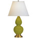 Double Gourd Lamp in Apple Glazed Ceramic with Antique Natural Brass Base &  Pearl Dupioni Fabric Shade
