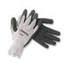 Gray String Knit Gloves With Black Latex Palm Coating And Blue Hem