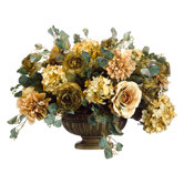 17" Ranunculus, Rose and Dahlia Floral Arrangement with Resin Bowl in Amber