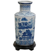 12" Vase with Blue Landscape Design in White
