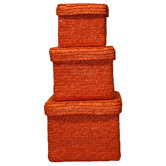 Straw Box with Lining in Orange (Set of 3)