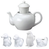32 Oz. Porcelain Teapot in White with Infuser and Animal Creamer