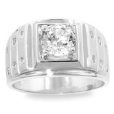 Men's Silver-Tone Matted Ring with Clear Cubic Zirconia