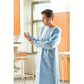46" x 42" Protective Gowns Spunbond / Poly,  Back Open, Thumb Loop in Blue