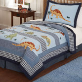 Dino Dave Blue Quilt with Pillow Sham, Pillow, and Valance