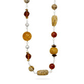 34 InchSterling Silver Wood Black Onyx Tigers Eye Carnelian and Glass Multisize Bead Necklace