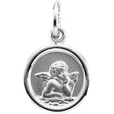14k White Gold Round Angel Pendant Medal