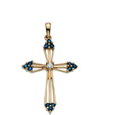 14k Yellow Gold Cross PendantWith Diamond Sapphire 28x20mm