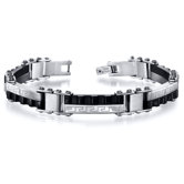 Greek Key Brushed Stainless Steel and Grooved Black Ceramic Mens Bracelet