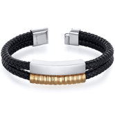 Mens Gold Tone Stainless Steel and Black Woven Bracelet