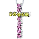 1.75 Carats Total Weight Round Shape Pink Sapphire and Peridot Cross Pendant Necklace in Sterling Silver