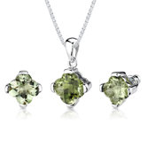 Classic Allure 6.50 Carats Checkerboard Lily Cut Green Amethyst Pendant Earring Set in Sterling Silver