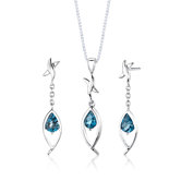 Sterling Silver Pear Shape London Blue Topaz Pendant Earrings and 18" Necklace Set
