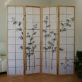 4-fach Paravent "Shoji" mit schwarzem Bambusmuster