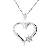 Sterling Silver Flower Accent Diamond Heart Necklace