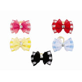 Five Pairs of Gingham Sheer Rhinestone Dog Hairbows on Elastic Grooming Bands