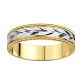 14k Two-tone Gold Ladies Milgrain Leaf Design Easy Fit Wedding Band