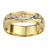 14k Two-tone Gold Ladies Milgrain Cross and Leaf Design Easy Fit Wedding Band