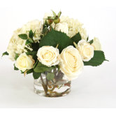 Silk Roses and Hydrangeas in Glass Vase