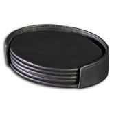 1000 Series Classic Leather Four Oval Coaster Set with Holder in Black