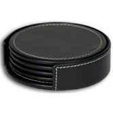 3200 Series Leather Four Round Coasters with Holder in Rustic Black