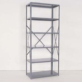 Industrial Clip Open Shelving: Angle Post Units with 6 Shelf Frames; Adder Unit