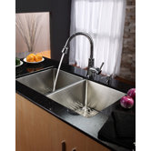 33" Undermount 50/50 Double Bowl Kitchen Sink with 28.5" Faucet and Soap Dispenser