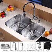 32" Undermount 60/40 Double Bowl Kitchen Sink with 20" Faucet and Soap Dispenser