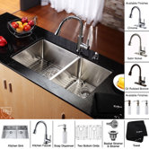 33 inch Undermount Double Bowl Stainless Steel Kitchen Sink with Kitchen Faucet and Soap Dispenser