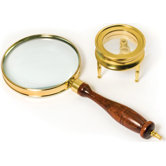 Brass Magnifier Telescopes Set: 3 Power, 90mm hand-held magnifier and 40mm table magnifier