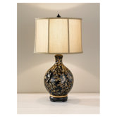Hand Painted Porcelain  Table Lamp in Glossy Black / Golden Floral Pattern