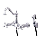 Heritage Double Handle Wall Mount Bridge Kitchen Faucet with Metal Cross Handles and Side Spray