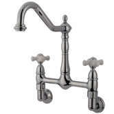 Heritage Double Handle Wall Mount Bridge Kitchen Faucet with Porcelain Cross Handles