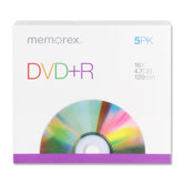 DVD+R, 16X, 4.7GB, Branded w/ Slim Jewel Cases, 5 per Pack