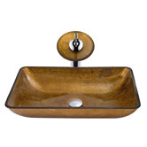 Rectangular Gold and Copper Tempered Glass Vessel Sink with Matching Waterfall Faucet