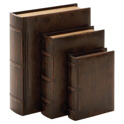 3 Piece Library Wood Leather Book Set in Brown