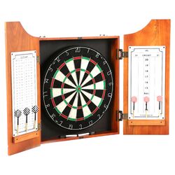 TGT Beveled Wood Dart Cabinet with Pro Style Board & Darts in Natural