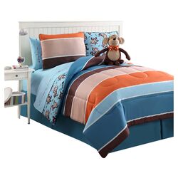 4 Piece Reversible Full Monkey Comforter Set in Blue & Orange