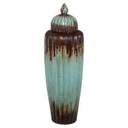Ceramic Ribbed Vase in Green & Brown