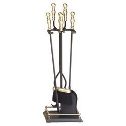 4 Piece Fireplace Tool Set & Stand in Antique Brass & Black