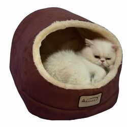 Tube Shaped Cat Bed in Red & Beige