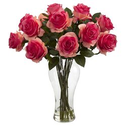 Blooming Roses with Vase in Dark Pink