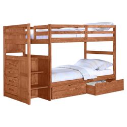 Ranch Twin Over Twin Bunk Bed with Storage & Stairway in Cinnamon