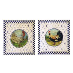 Checker Roosters Wall Plaque in Blue & White (Set of 2)