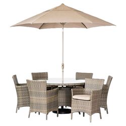 SouthBeach 7 Piece Seating Fire Pit Dining Set in Brown with Tan Cushions