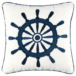 Nantucket Dream Ship Wheel Pillow in White & Navy