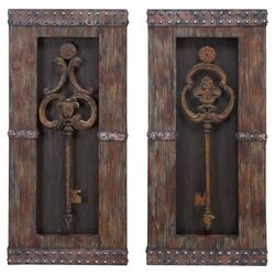 Antique Key Wood Wall Decor in Brown (Set of 2)