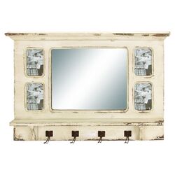 Vintage Wooden Mirror with Hooks in Cream