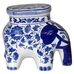 Floral Elephant Stool in White & Blue